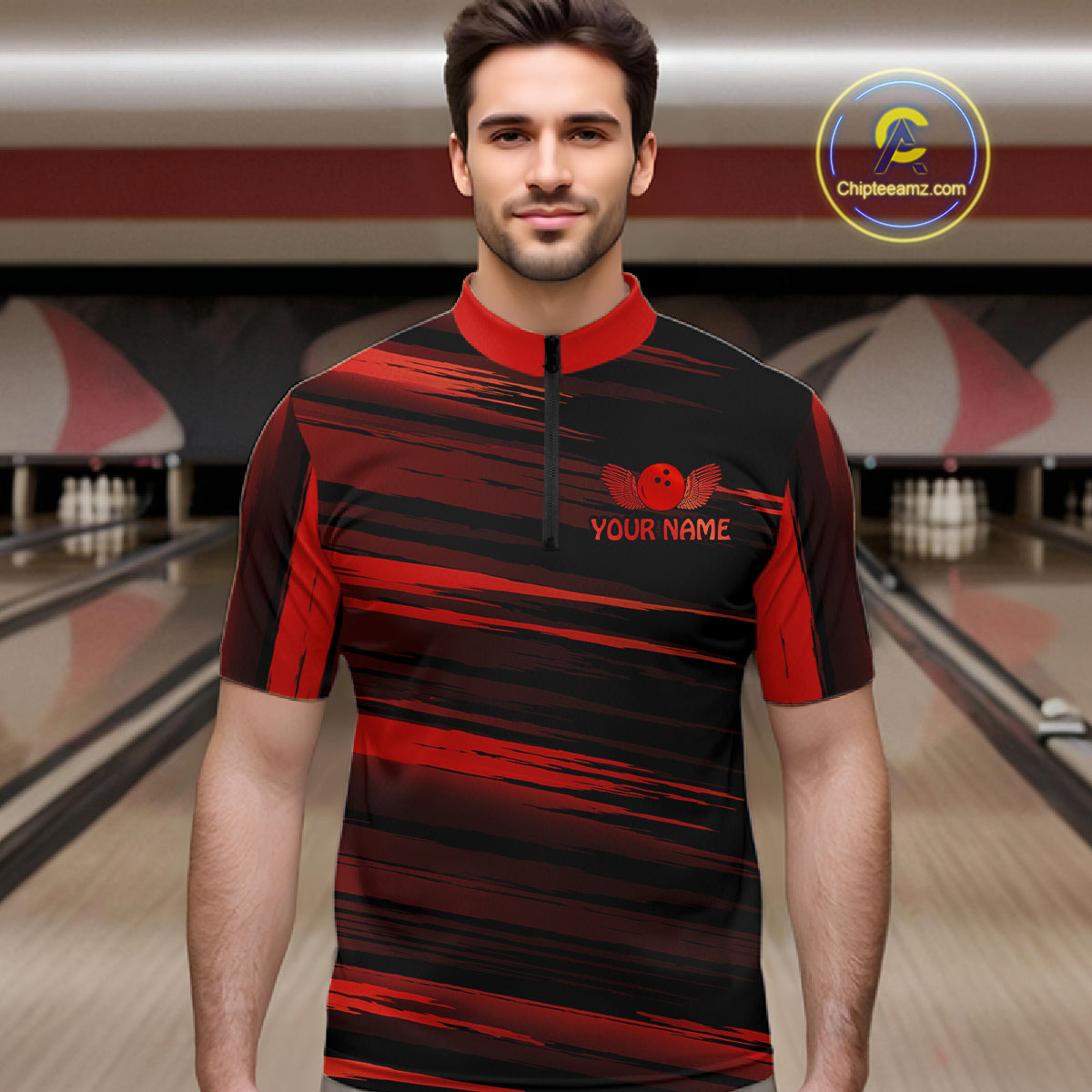 Male model wearing a custom black red bowling quarter-zip shirt front view featuring a red bowling ball emblem, dynamic red brush stroke pattern and striped design at the bowling alley