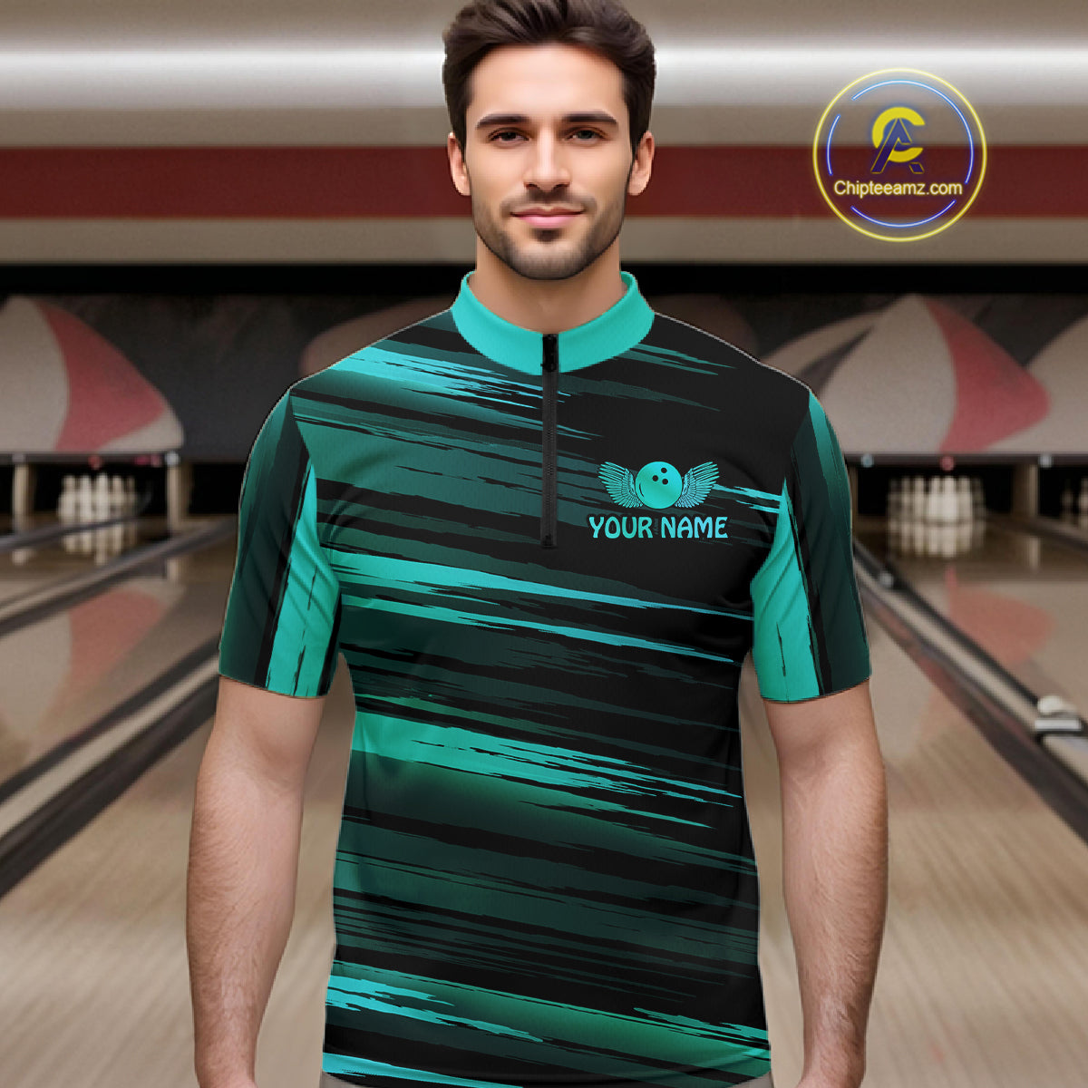 Male model wearing a custom black turquoise bowling quarter-zip shirt front view featuring a turquoise bowling ball emblem, dynamic turquoise brush stroke pattern and striped design at the bowling alley