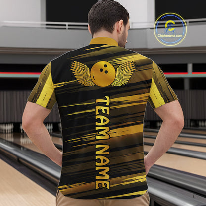 Male model wearing a custom black gold bowling quarter-zip shirt back view displaying the personalized team name below a gold bowling ball emblem at the bowling alley