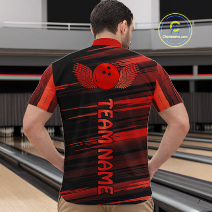 Male model wearing a custom black red bowling quarter-zip shirt back view displaying the personalized team name below a red bowling ball emblem at the bowling alley