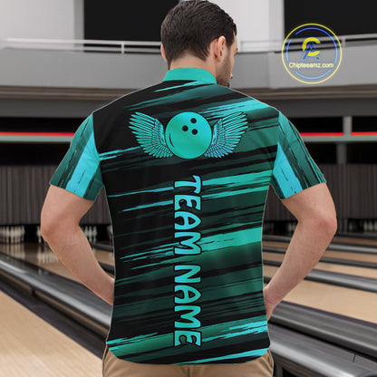 Male model wearing a custom black turquoise bowling quarter-zip shirt back view displaying the personalized team name below a turquoise bowling ball emblem at the bowling alley