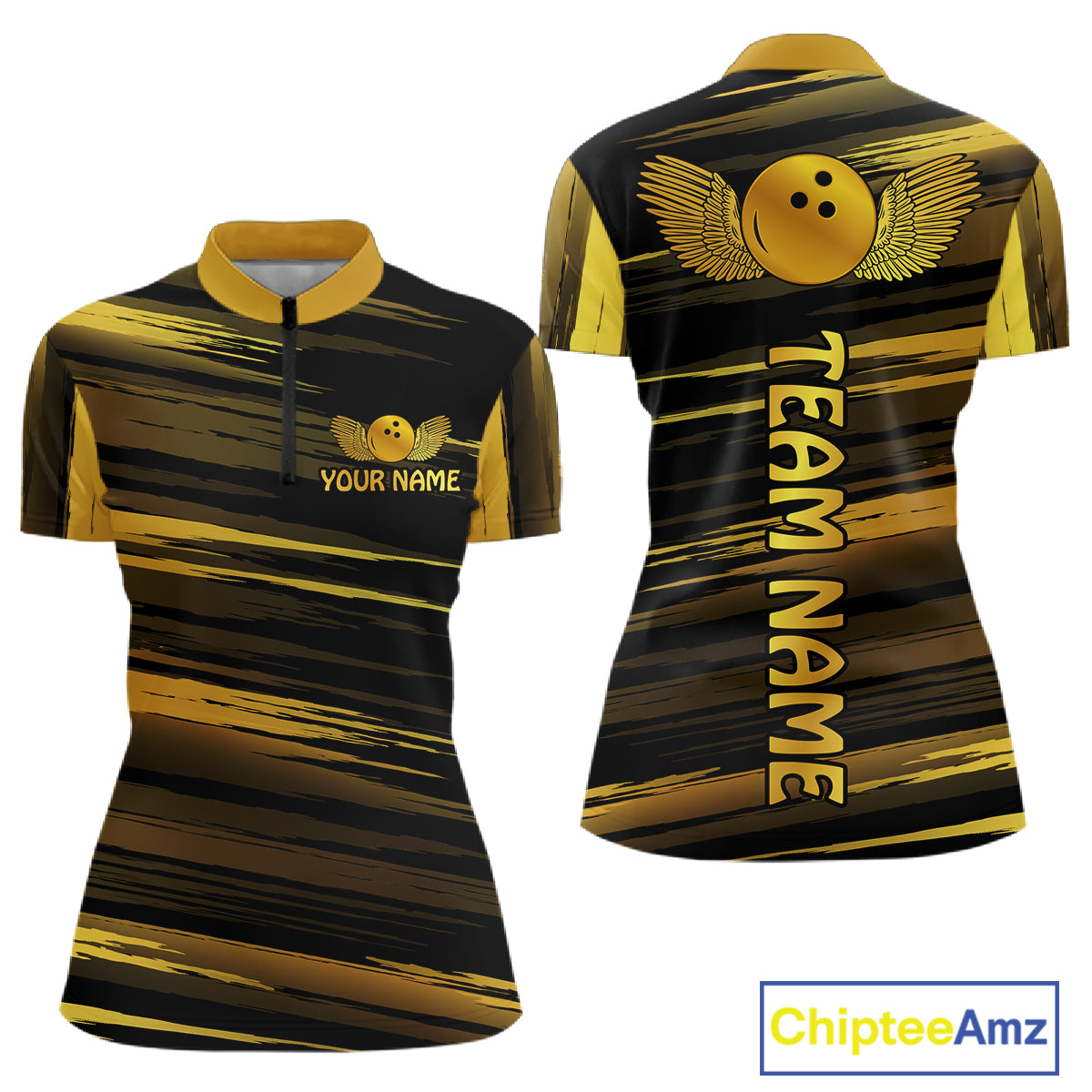 Front and back view custom black gold bowling quarter-zip shirt featuring a gold bowling ball emblem, dynamic gold brush stroke pattern and striped design, personalized with team name and player name