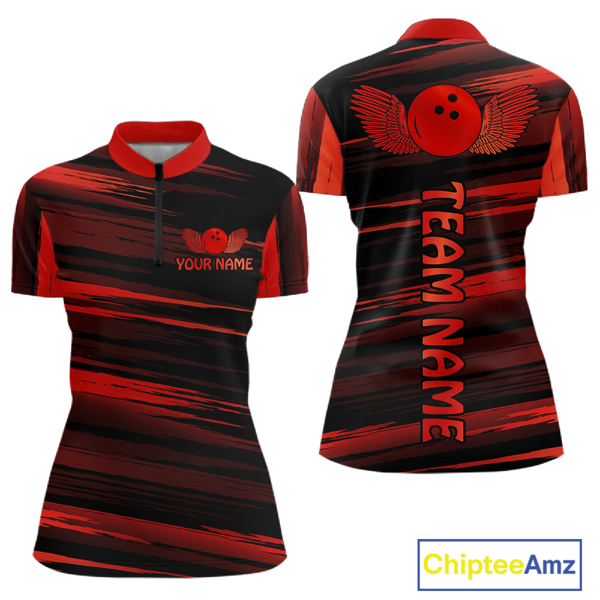 Front and back view custom black red bowling quarter-zip shirt featuring a red bowling ball emblem, dynamic gold brush stroke pattern and striped design, personalized with team name and player name