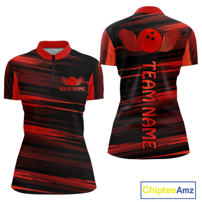 Front and back view custom black red bowling quarter-zip shirt featuring a red bowling ball emblem, dynamic gold brush stroke pattern and striped design, personalized with team name and player name
