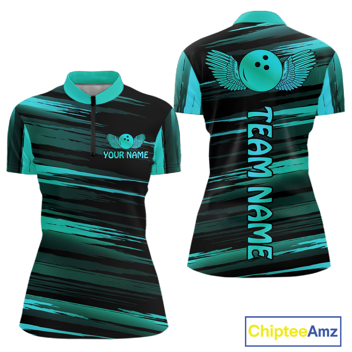 Front and back view custom black turquoise bowling quarter-zip shirt featuring a turquoise bowling ball emblem, dynamic turquoise brush stroke pattern and striped design, personalized with team name and player name