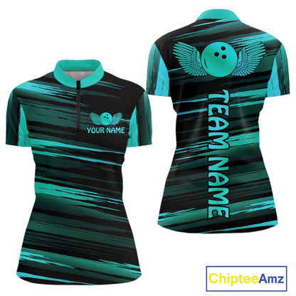 Front and back view custom black turquoise bowling quarter-zip shirt featuring a turquoise bowling ball emblem, dynamic turquoise brush stroke pattern and striped design, personalized with team name and player name