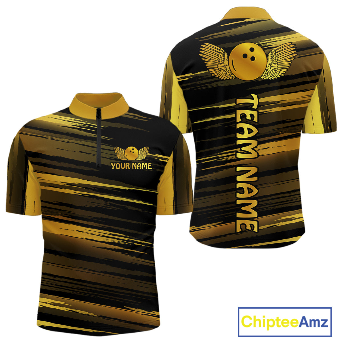 Front and back view custom black gold bowling quarter-zip shirt featuring a gold bowling ball emblem, dynamic gold brush stroke pattern and striped design, personalized with team name and player name