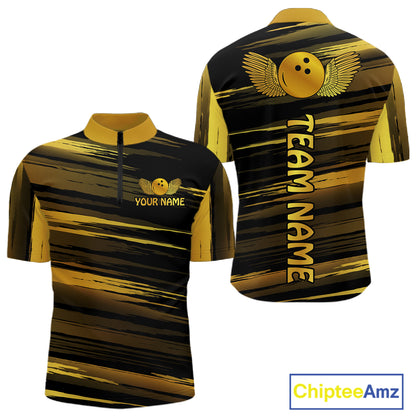 Front and back view custom black gold bowling quarter-zip shirt featuring a gold bowling ball emblem, dynamic gold brush stroke pattern and striped design, personalized with team name and player name