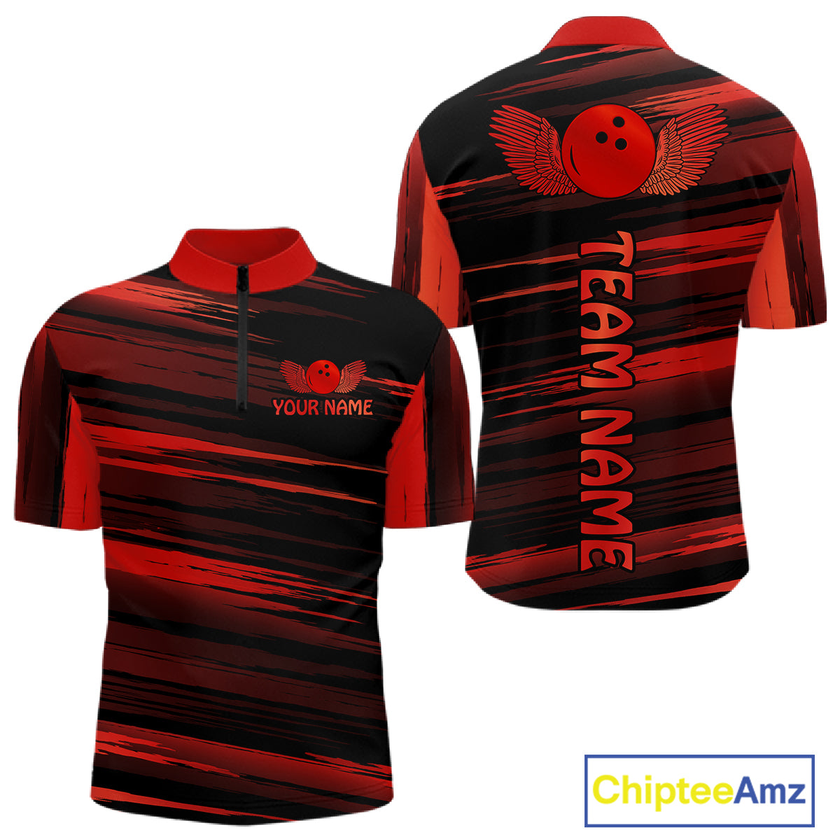 Front and back view custom black red bowling quarter-zip shirt featuring a red bowling ball emblem, dynamic red brush stroke pattern and striped design, personalized with team name and player name