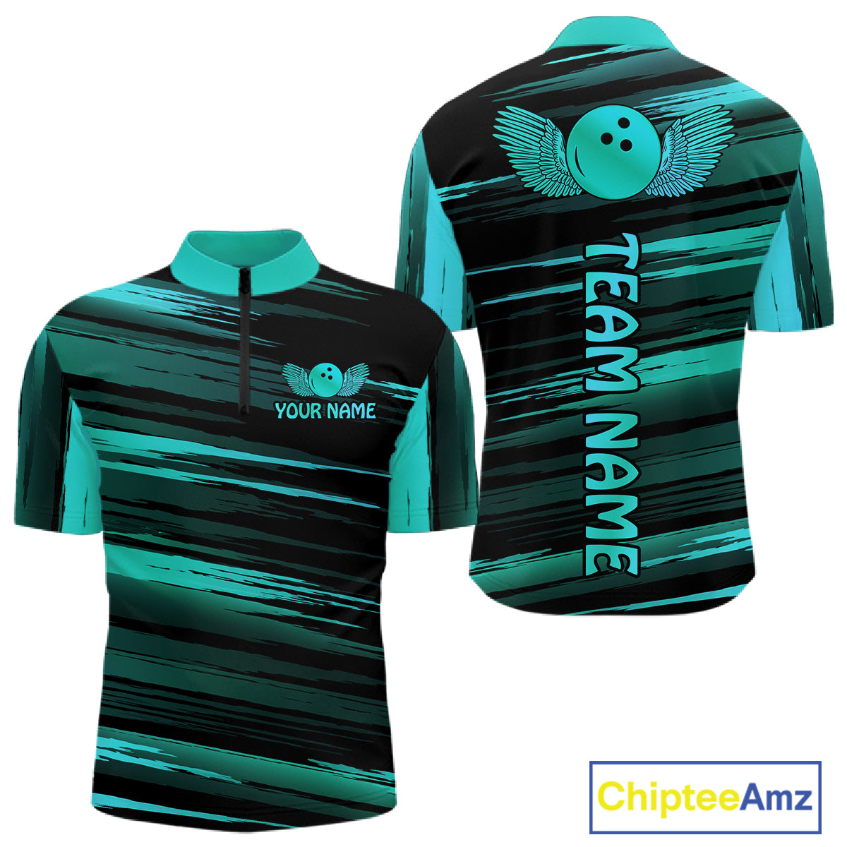Front and back view custom black turquoise bowling quarter-zip shirt featuring a turquoise bowling ball emblem, dynamic turquoise brush stroke pattern and striped design, personalized with team name and player name