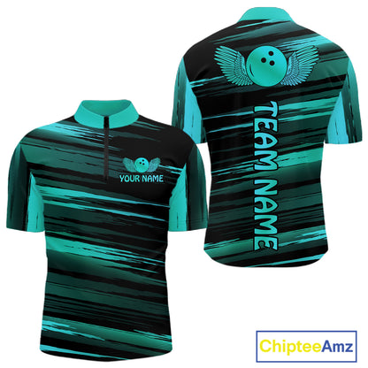 Front and back view custom black turquoise bowling quarter-zip shirt featuring a turquoise bowling ball emblem, dynamic turquoise brush stroke pattern and striped design, personalized with team name and player name