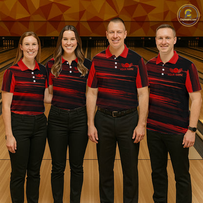 Group of four wearing custom black red bowling shirts front view featuring red bowling ball emblem, dynamic red brush stroke pattern and striped design at the bowling alley