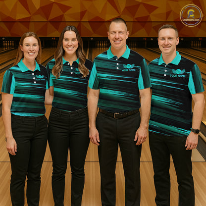 Group of four wearing custom black turquoise bowling shirts front view featuring turquoise bowling ball emblem, dynamic turquoise brush stroke pattern and striped design at the bowling alley