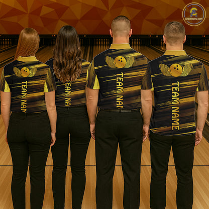 Group of four wearing custom black gold bowling shirts back view displaying personalized team names below a gold bowling ball emblem on a black gold brush stroke background at the bowling alley