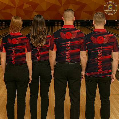 Group of four wearing custom black red bowling shirts back view displaying personalized team names below a red bowling ball emblem on a black red brush stroke background at the bowling alley