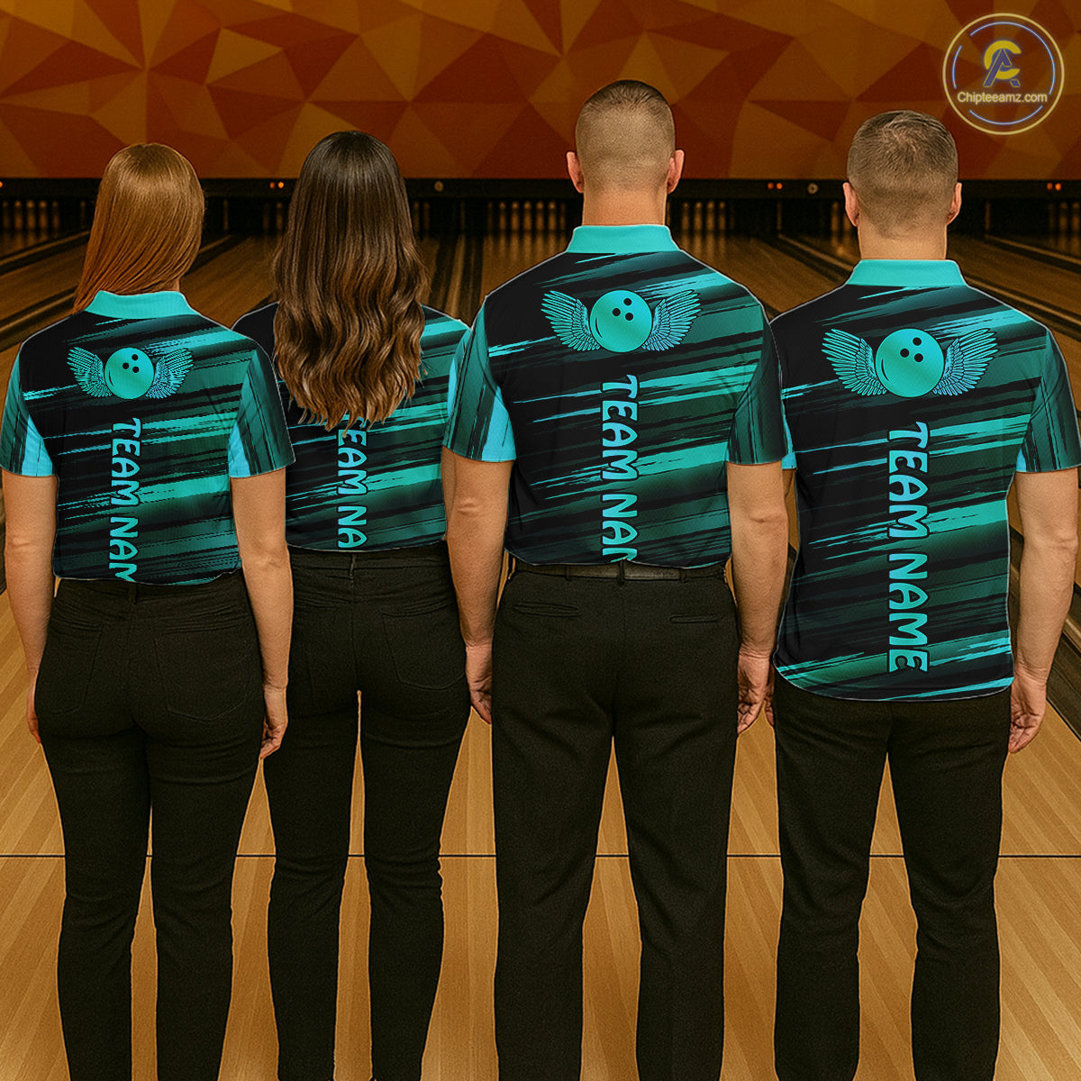 Group of four wearing custom black turquoise bowling shirts back view displaying personalized team names below a turquoise bowling ball emblem on a black turquoise brush stroke background at the bowling alley
