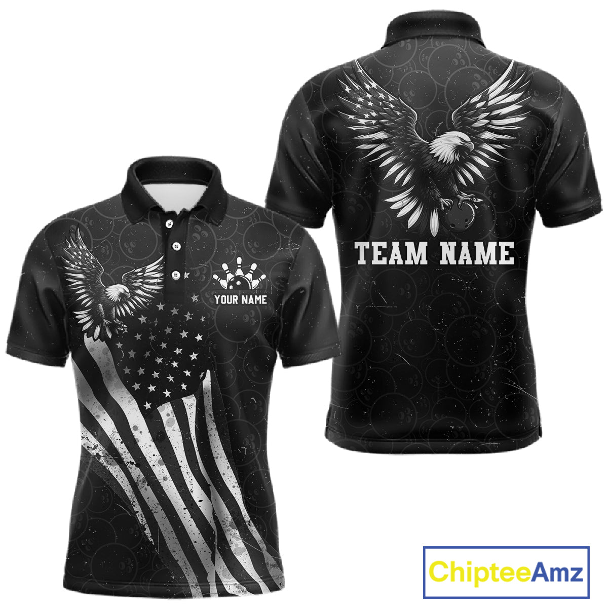 Front and back view custom black patriotic bowling polo shirt featuring a bald eagle with spread wings, American flag design and distressed grunge pattern, personalized with team name and player name