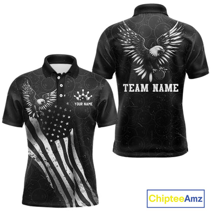 Front and back view custom black patriotic bowling polo shirt featuring a bald eagle with spread wings, American flag design and distressed grunge pattern, personalized with team name and player name