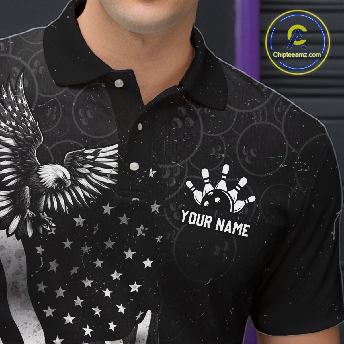 Close-up front view of a custom black patriotic bowling polo shirt showing the personalized player name, bald eagle emblem and distressed American flag design