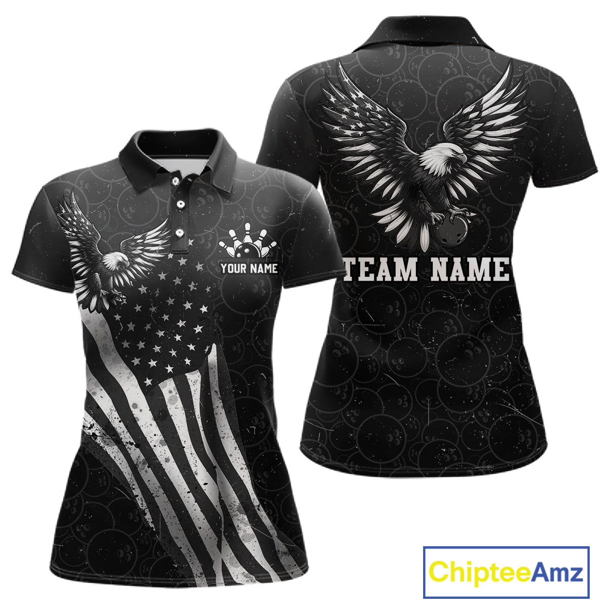 Front and back view custom black patriotic bowling polo shirt featuring a bald eagle with spread wings, American flag design and distressed grunge pattern, personalized with team name and player name