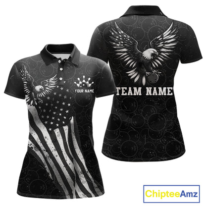 Front and back view custom black patriotic bowling polo shirt featuring a bald eagle with spread wings, American flag design and distressed grunge pattern, personalized with team name and player name