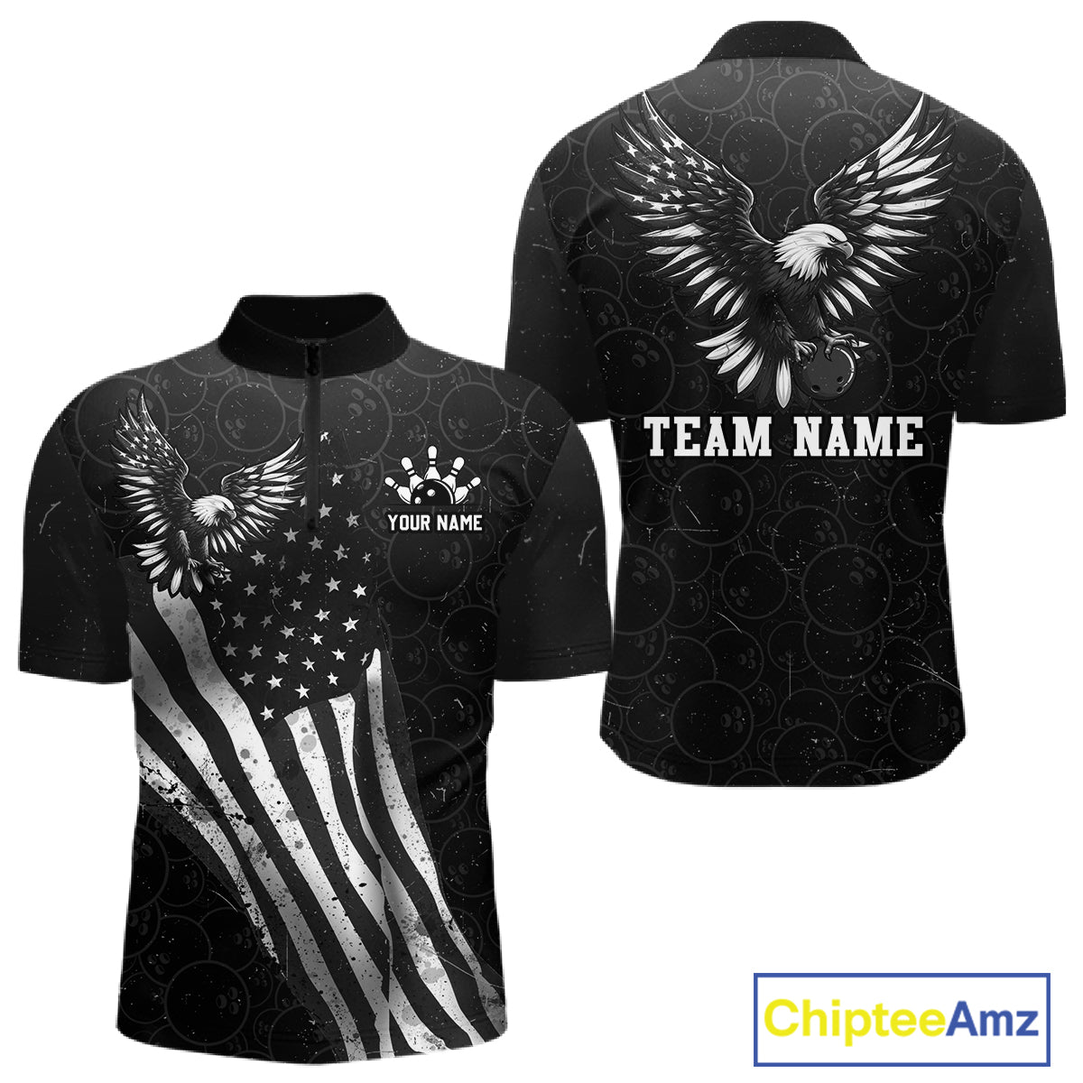 Front and back view custom black patriotic bowling quarter-zip shirt featuring a bald eagle with spread wings, American flag design and distressed grunge pattern, personalized with team name and player name
