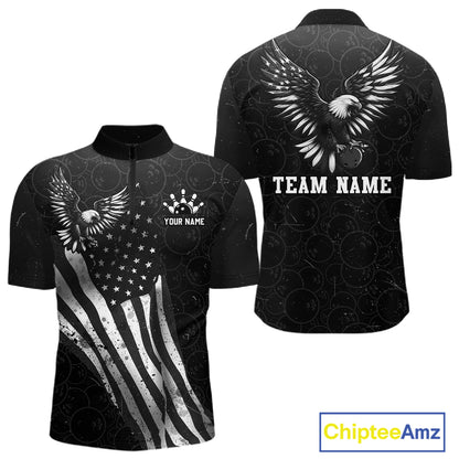 Front and back view custom black patriotic bowling quarter-zip shirt featuring a bald eagle with spread wings, American flag design and distressed grunge pattern, personalized with team name and player name