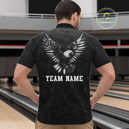 Male model wearing a custom black patriotic bowling quarter-zip shirt back view displaying the personalized team name below a spread-wing bald eagle graphic at the bowling alley