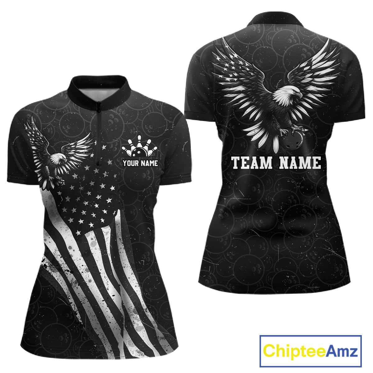 Front and back view custom black patriotic bowling quarter-zip shirt featuring a bald eagle with spread wings, American flag design and distressed grunge pattern, personalized with team name and player name