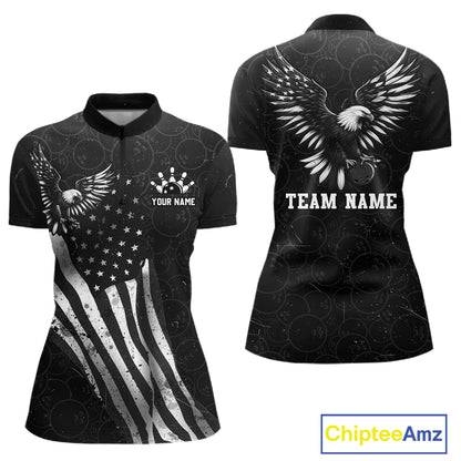Front and back view custom black patriotic bowling quarter-zip shirt featuring a bald eagle with spread wings, American flag design and distressed grunge pattern, personalized with team name and player name