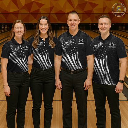 Group of four wearing custom black patriotic bowling shirts front view featuring distressed American flag artwork, bald eagle emblem and grunge pattern at the bowling alley