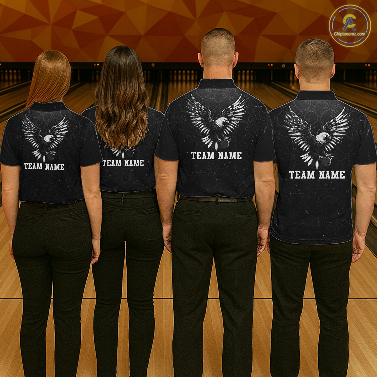 Group of four wearing custom black patriotic bowling shirts back view displaying personalized team names below spread-wing bald eagle artwork on a distressed black American flag background at the bowling alley