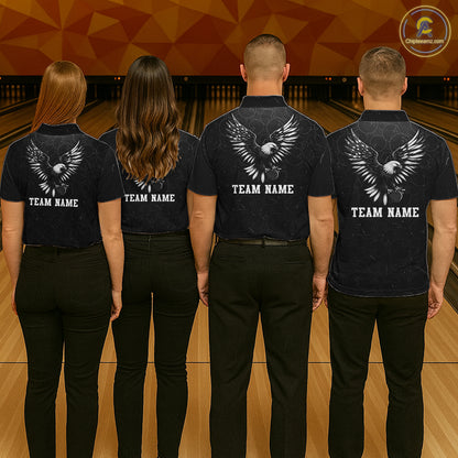 Group of four wearing custom black patriotic bowling shirts back view displaying personalized team names below spread-wing bald eagle artwork on a distressed black American flag background at the bowling alley