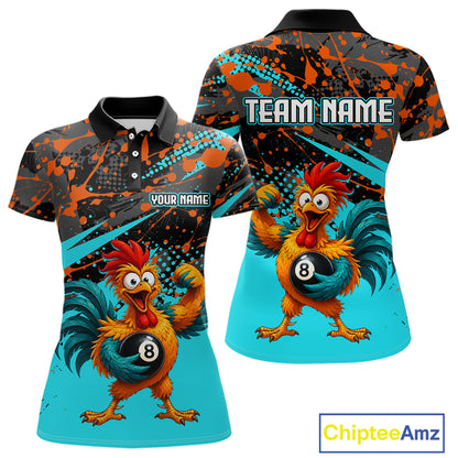 Custom Turquoise Funny Chicken Billiard Shirt, 8 Ball Pool Team Jersey for Women, Polo & 1/4 Zip BHT106