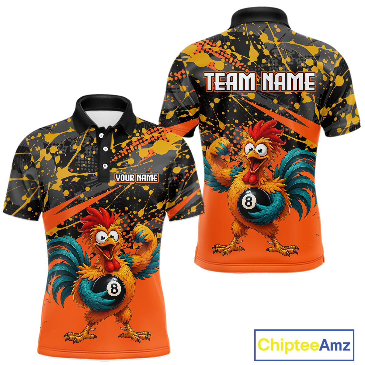 Custom Orange Funny Chicken Billiard Shirt, 8 Ball Pool Team Jersey for Men, Polo & 1/4 Zip BHT106