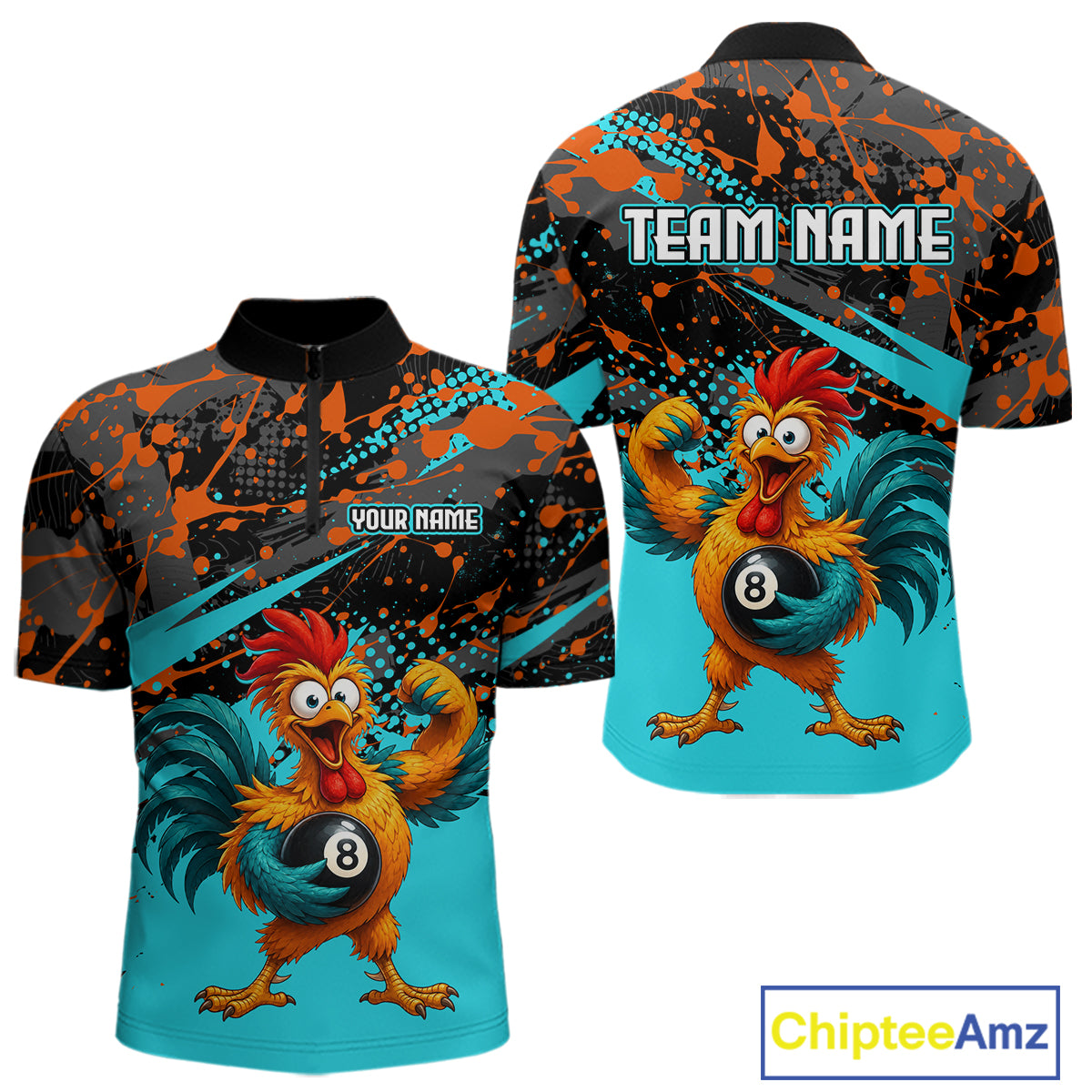 Custom Turquoise Funny Chicken Billiard Shirt, 8 Ball Pool Team Jersey for Men, Polo & 1/4 Zip BHT106