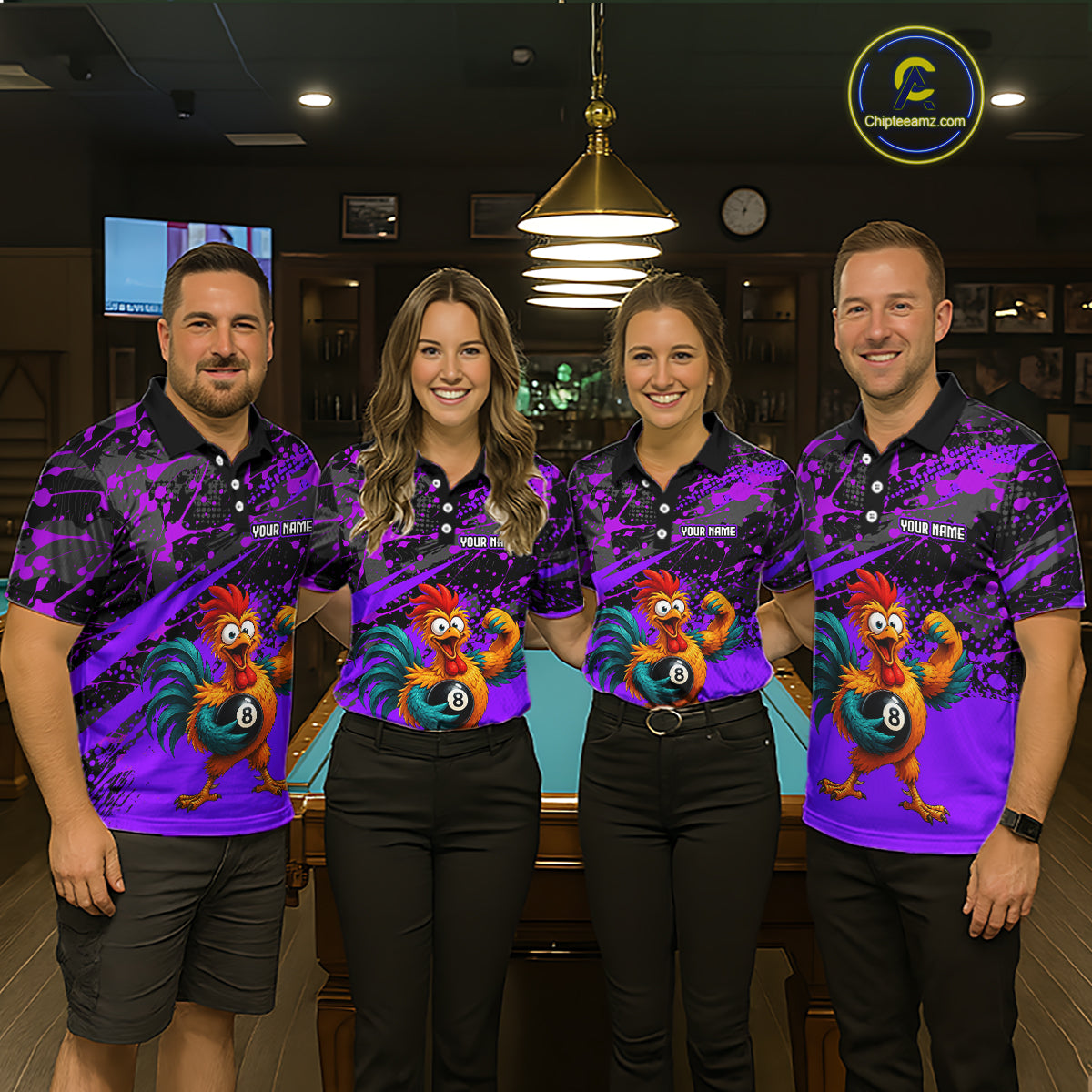 Custom Purple Funny Chicken Billiard Shirt, 8 Ball Pool Team Jersey for Men, Polo & 1/4 Zip BHT106
