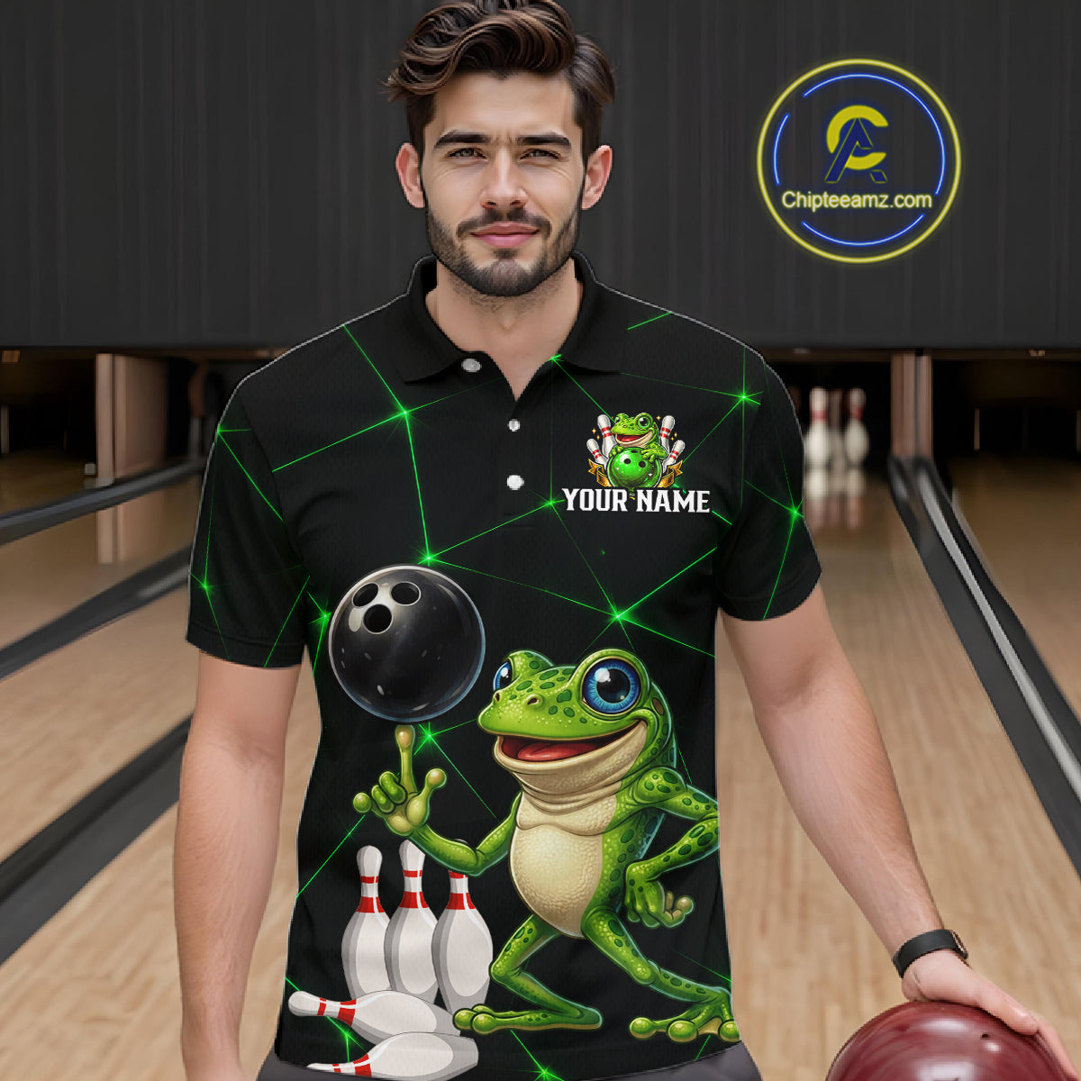 Green Funny Frog Bowling Shirt for Men Custom Bowling Jersey Polo & 1/4 Zip QZT1024
