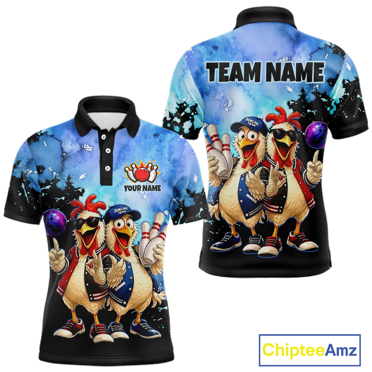 Colorful polo shirt with cartoon chickens and customizable text on a white background