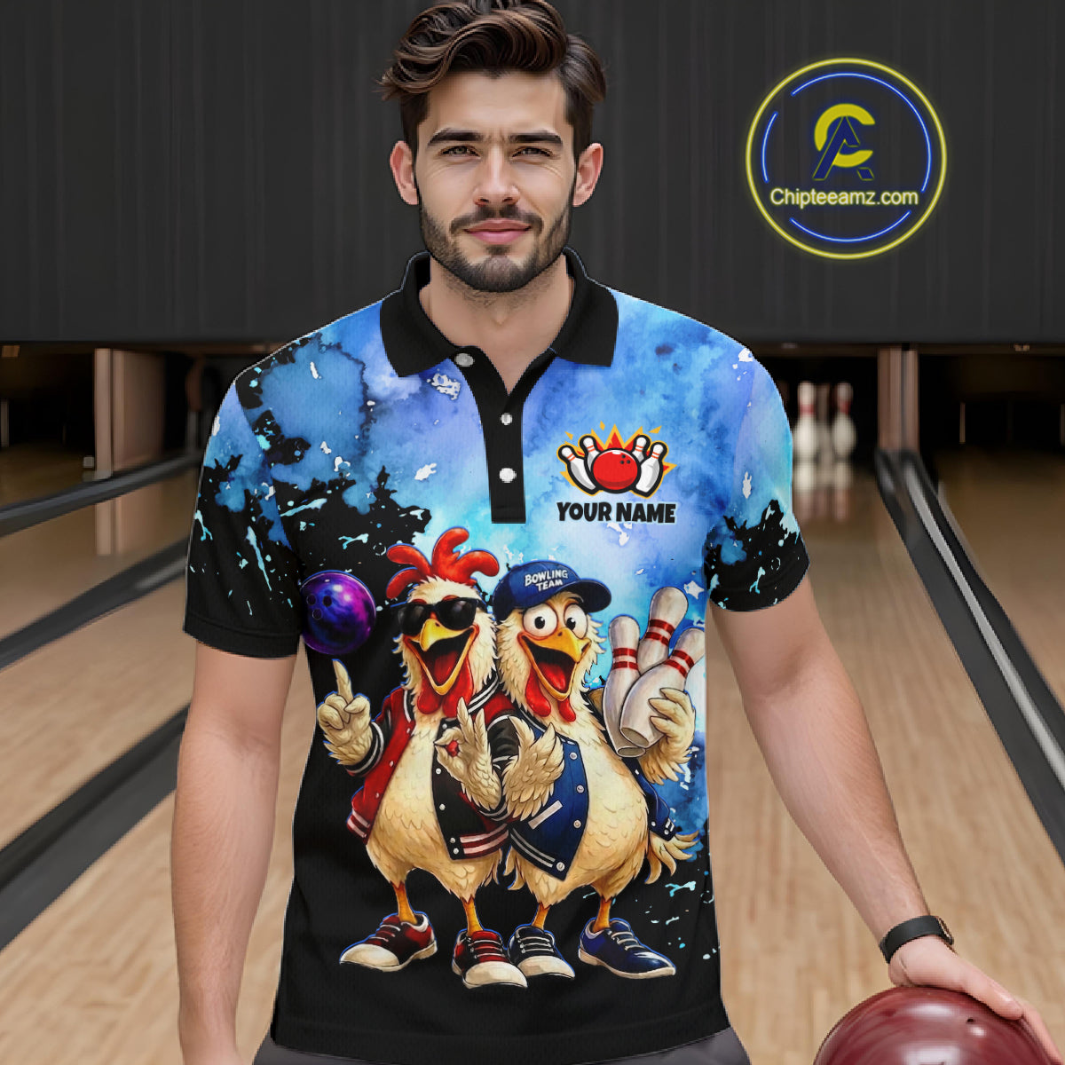 Man wearing a colorful polo shirt with cartoon chickens and bowling elements in a bowling alley.