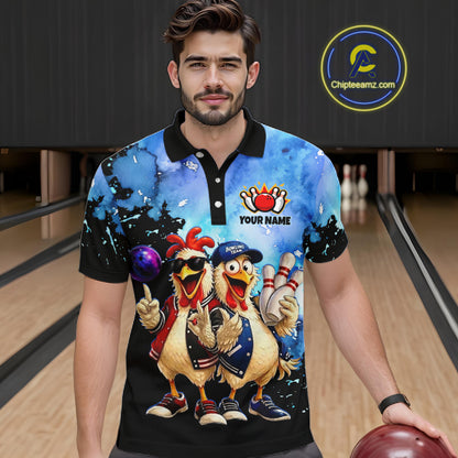 Man wearing a colorful polo shirt with cartoon chickens and bowling elements in a bowling alley.