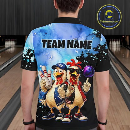 Person wearing a colorful shirt with cartoon chickens and 'TEAM NAME' text in a bowling alley.