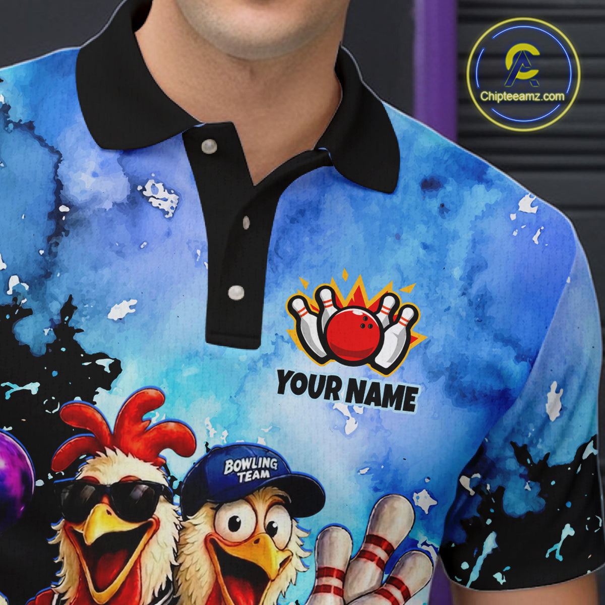 Colorful polo shirt with cartoon characters and a bowling ball design, featuring the brand 'Chipleemz'.