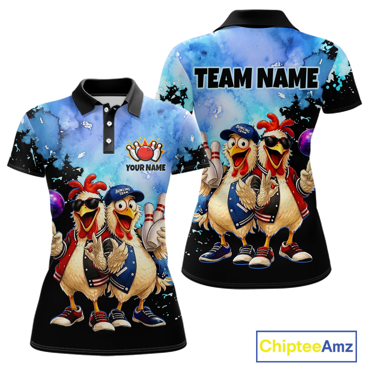 Two polo shirts with cartoon chickens and customizable text on a white background