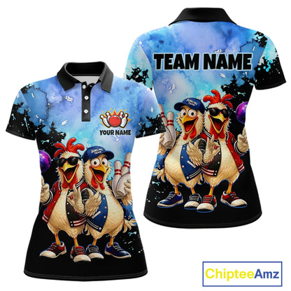 Two polo shirts with cartoon chickens and customizable text on a white background