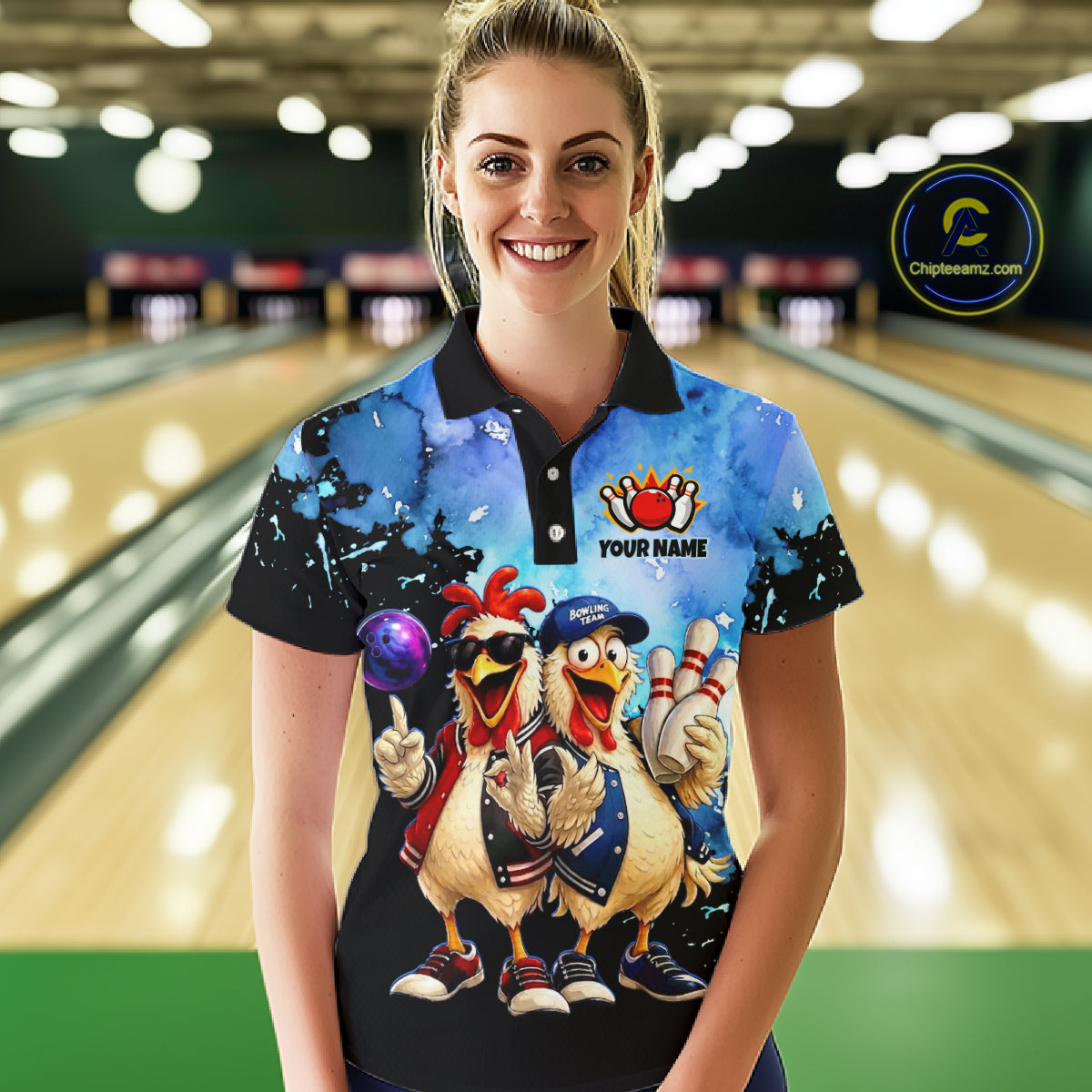 Person wearing a colorful polo shirt with cartoon chickens in a bowling alley