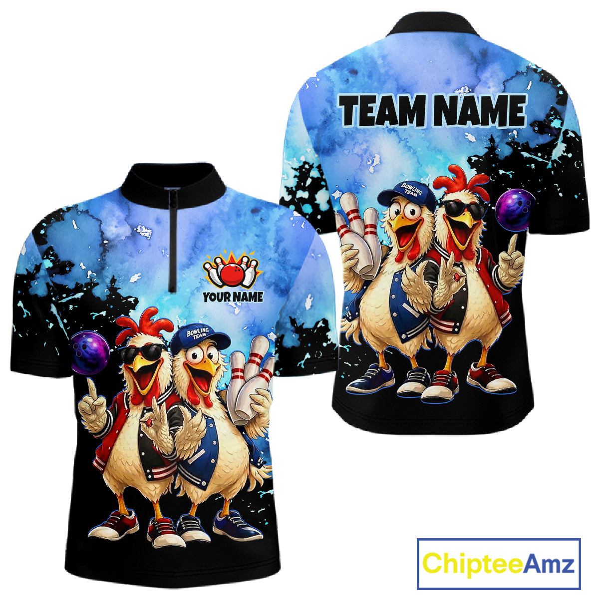 Two shirts with cartoon chickens and customizable text on a white background