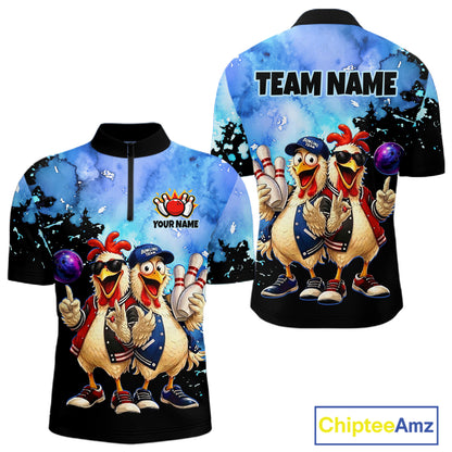 Two shirts with cartoon chickens and customizable text on a white background