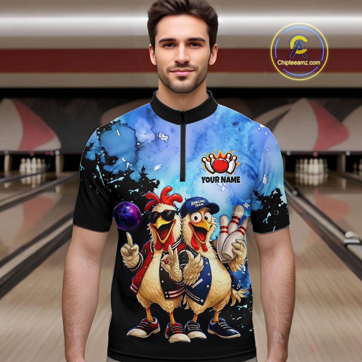 Man wearing a colorful bowling shirt with cartoon chickens in a bowling alley.