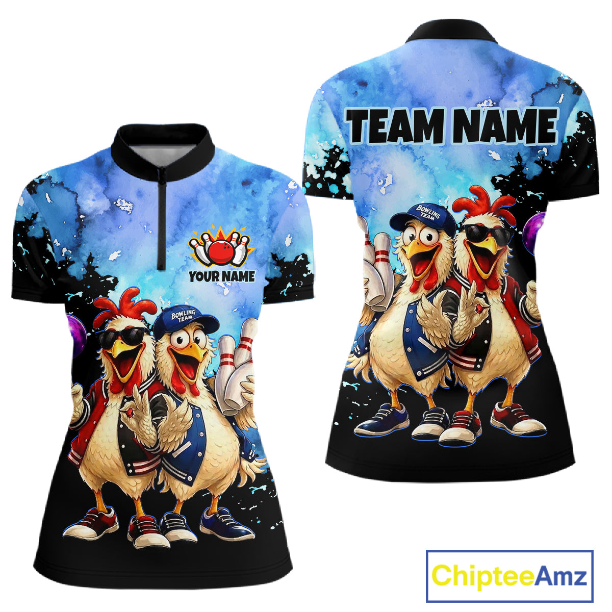 Two shirts with cartoon chickens and customizable text on a white background